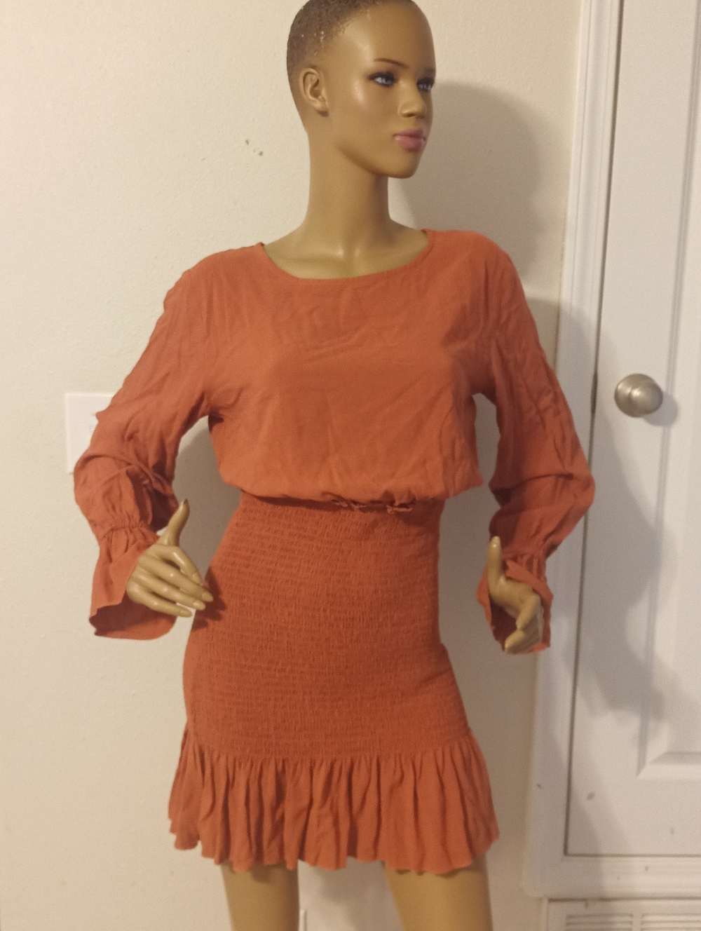 Rust Orange Long Sleeve Smocked Waist Mini Dress
